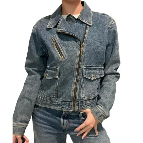 NWT Vintage Liz Claiborne Blue Denim Jacket Asymmetrical Zipper Moto Size 14 - Picture 2 of 8